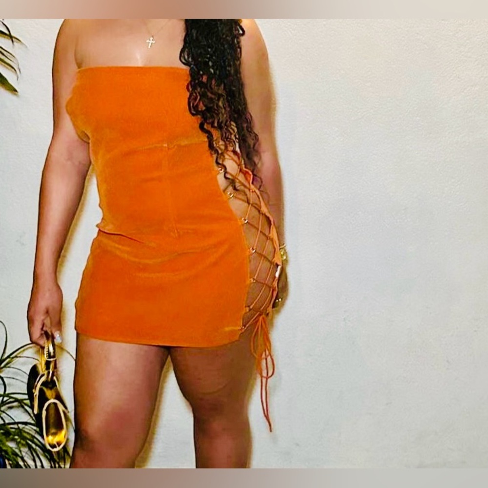 Velvet orange midi tie up dress